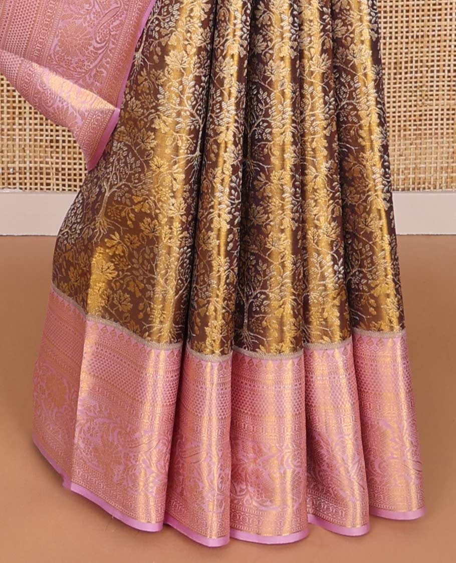 Olive green floral jacquard kancheepuram silk saree with contrast rekku, muthu, banaras, paun, kodi visiry design & jaal design pallu