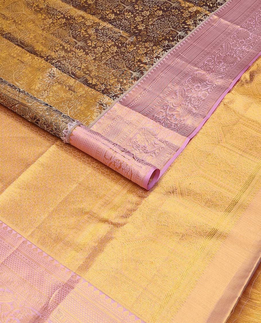 Olive green floral jacquard kancheepuram silk saree with contrast rekku, muthu, banaras, paun, kodi visiry design & jaal design pallu