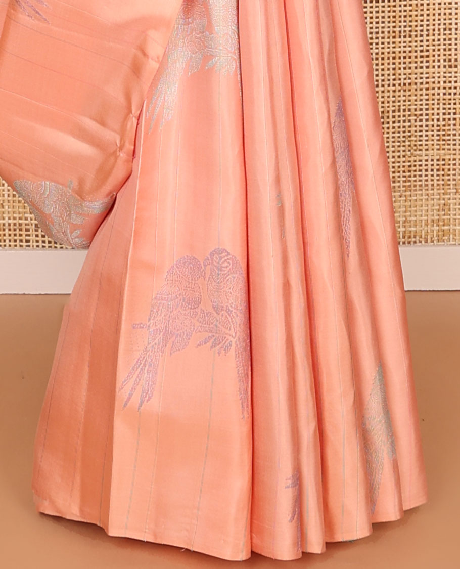 Borderless peach parrot buttas kancheepuram silk saree with argyle design pallu