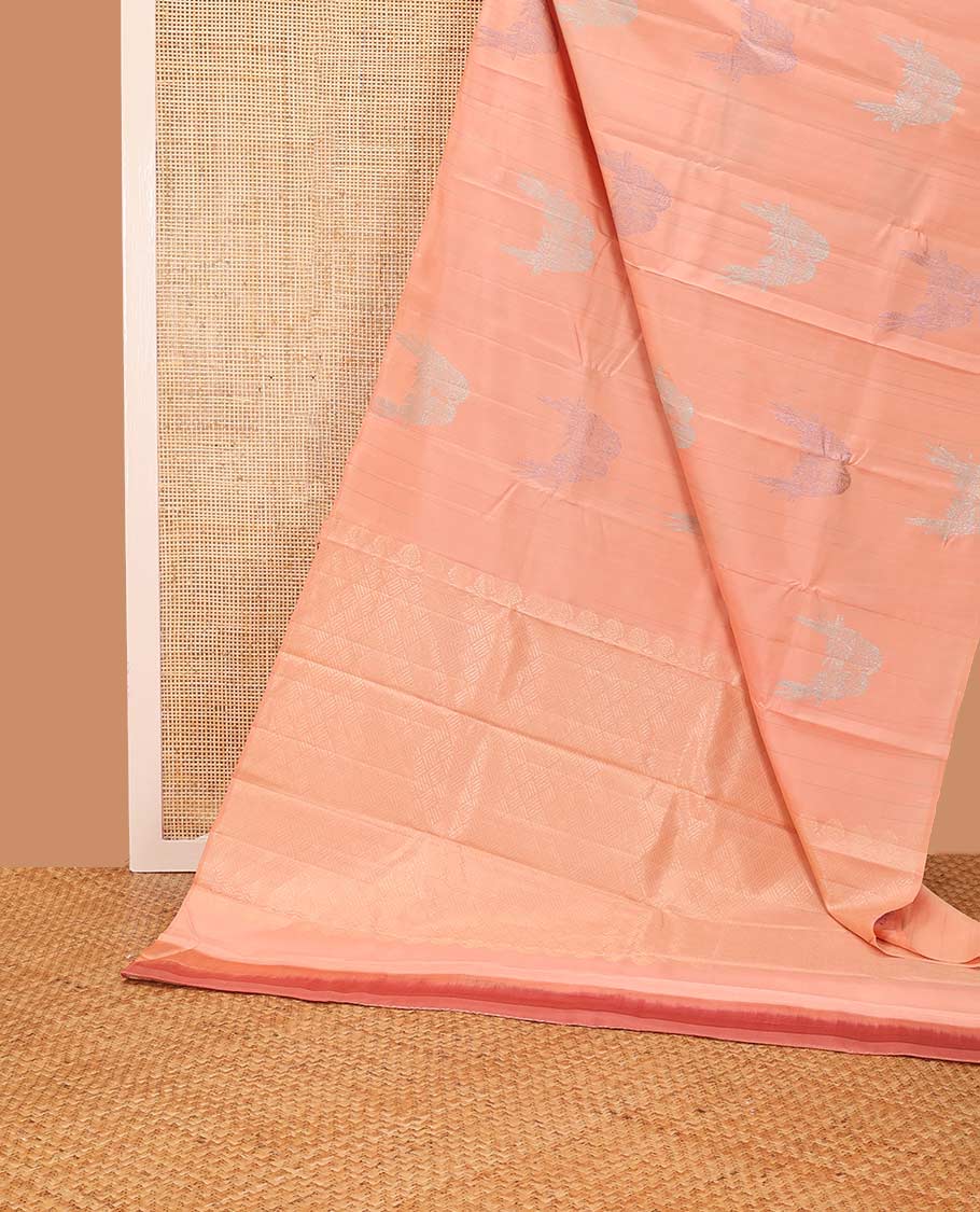 Borderless peach parrot buttas kancheepuram silk saree with argyle design pallu