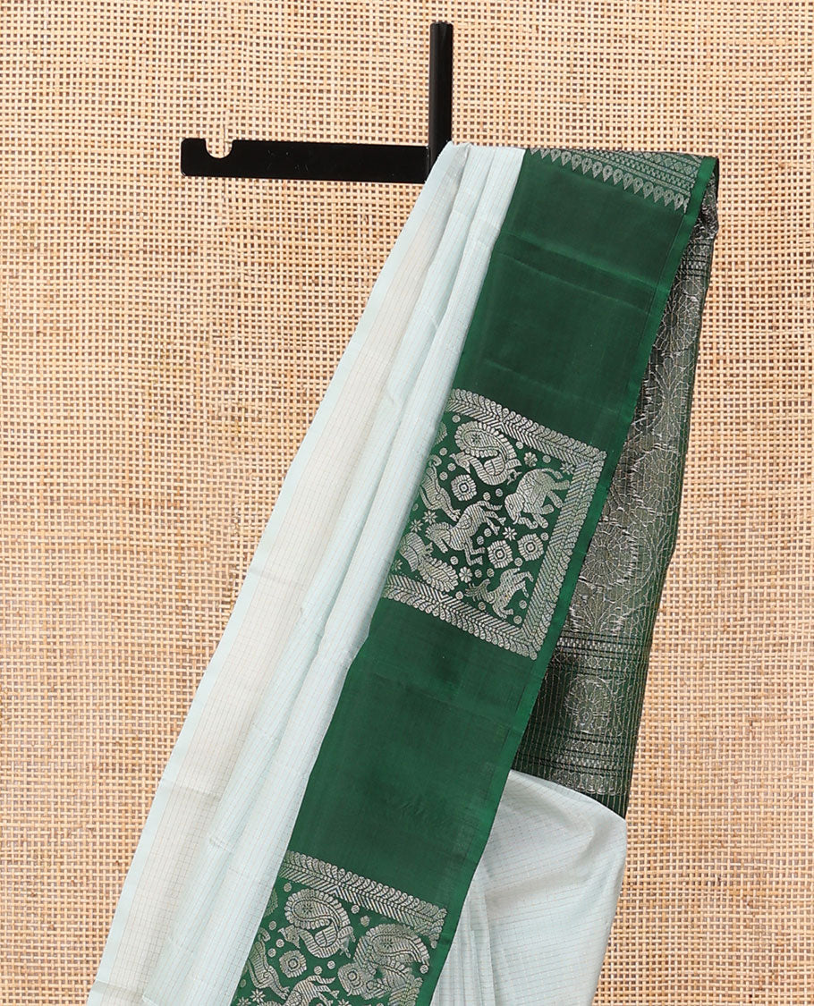 Grey striped silk saree, contrast border of mayil,yaali,kuthirai,annam,yaanai & maan & ogee patterned pallu