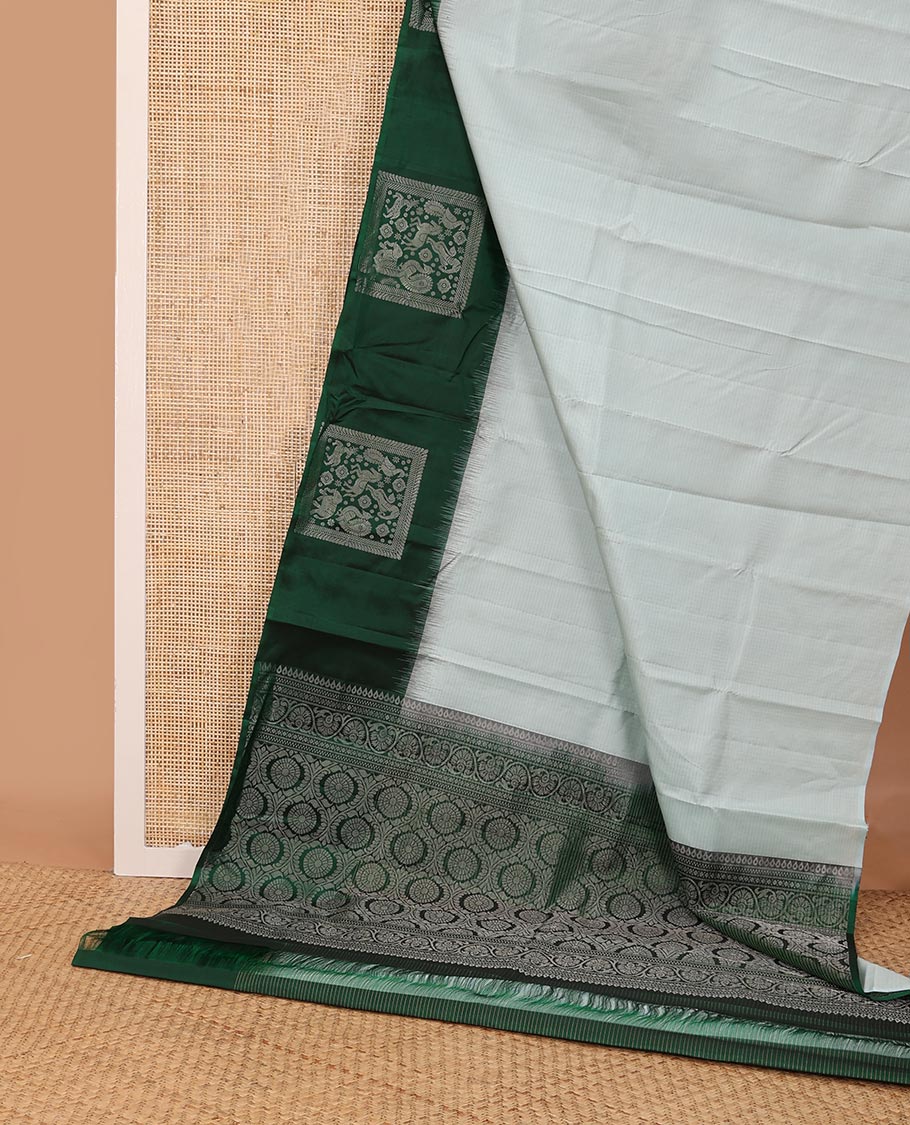 Grey striped silk saree, contrast border of mayil,yaali,kuthirai,annam,yaanai & maan & ogee patterned pallu
