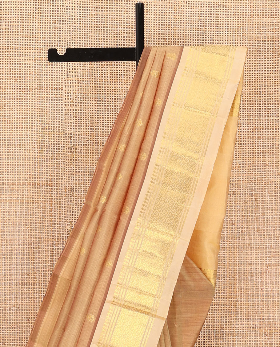 Light brown zari buttas Kanchipuram silk saree, contrast one-sided border of panner sombu,banaras & jaal & zari design pallu