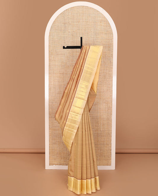 Light brown zari buttas Kanchipuram silk saree, contrast one-sided border of panner sombu,banaras & jaal & zari design pallu