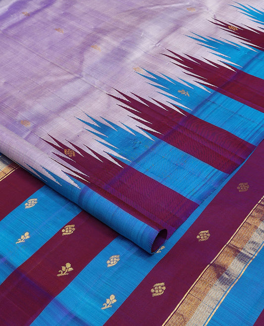 Lavender zari buttas Kanchipuram silk saree, contrast thazampoo rekku zari buttas one-sided border & zari design pallu