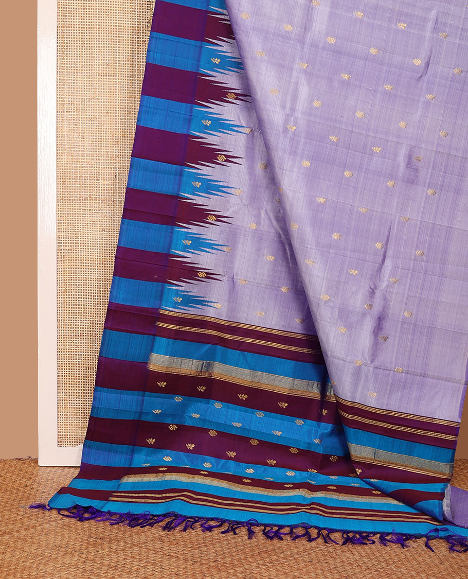 Lavender zari buttas Kanchipuram silk saree, contrast thazampoo rekku zari buttas one-sided border & zari design pallu