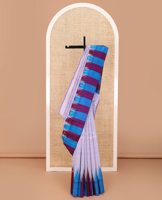 Lavender zari buttas Kanchipuram silk saree, contrast thazampoo rekku zari buttas one-sided border & zari design pallu