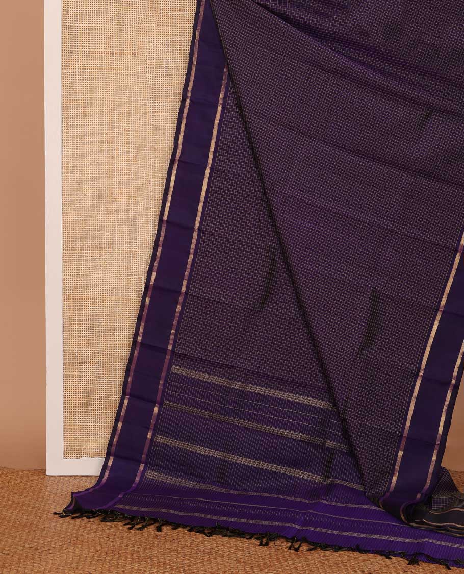 Blue zari micro-checked Kanchipuram silk saree, rettai pettu zari striped border, and zari design pallu
