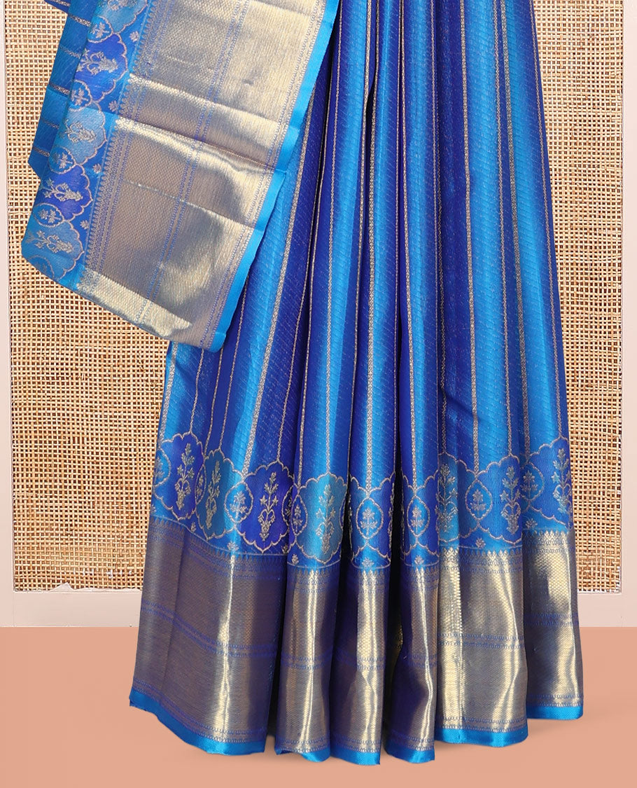 Blue Kanchipuram Designer Silk Saree, Gleamed Up with Zari Stripes, a Zari Border of Thilakam Mokku, Muthu, Rettai Neli, and Kuyil Kann Designs, Intricate Pallu, and a Matching Blouse