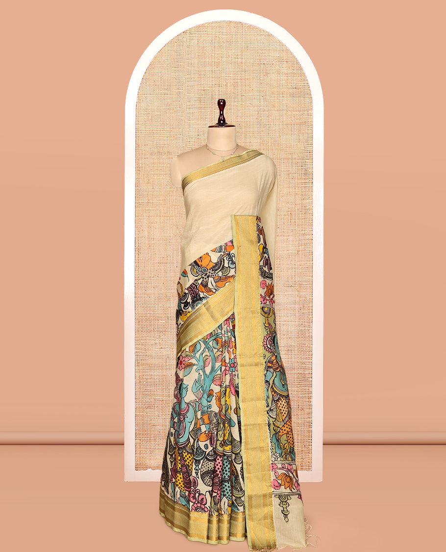 Cream Kalamkari Silk Saree, Beautifully Bedecked with Ancient Human Figurines, a Contrast Traditional Border, Pallu of Ancient Human Motifs, and a Contrast Blouse
