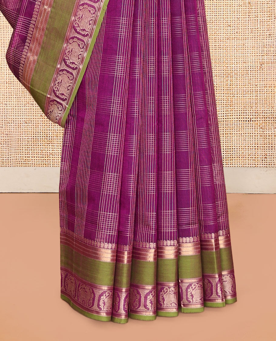Purple Checked Kuppadam Silk Saree, a Contrast Double-Pet Yazhi Border, Grand Pallu, a Matching Blouse