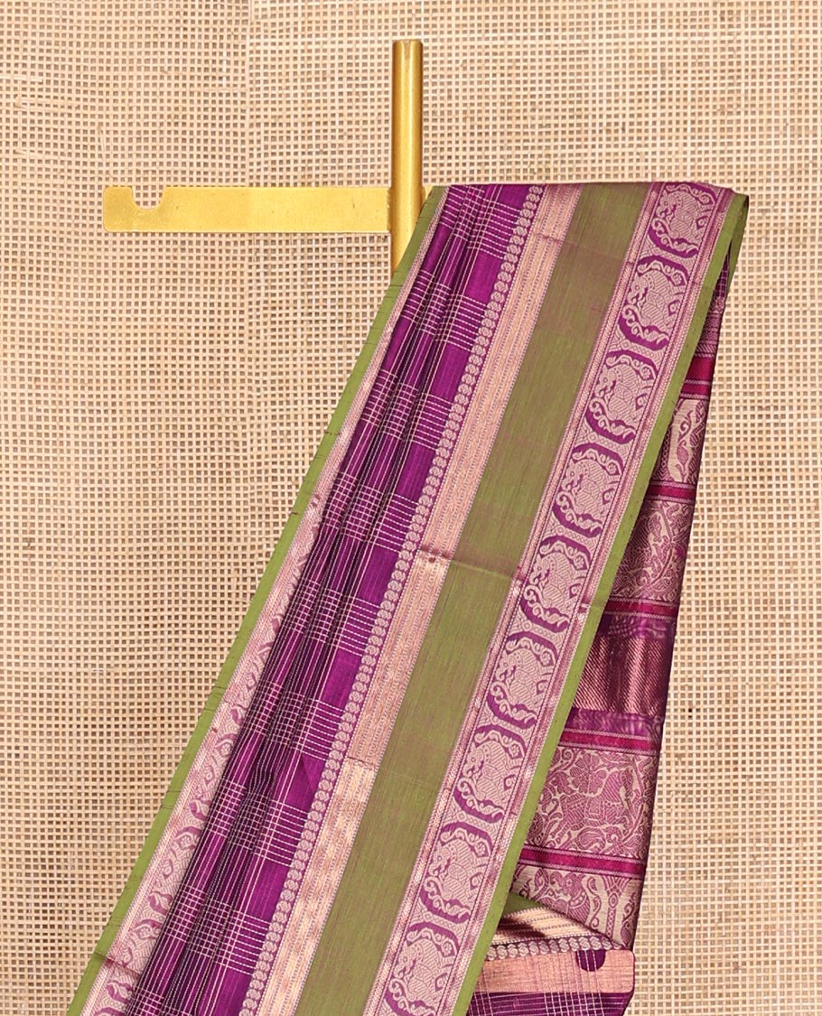 Purple Checked Kuppadam Silk Saree, a Contrast Double-Pet Yazhi Border, Grand Pallu, a Matching Blouse