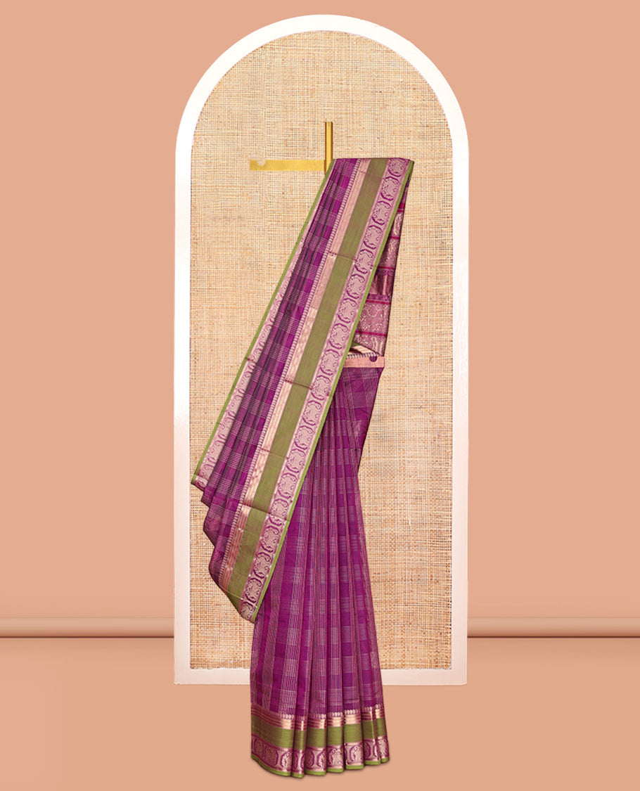 Purple Checked Kuppadam Silk Saree, a Contrast Double-Pet Yazhi Border, Grand Pallu, a Matching Blouse
