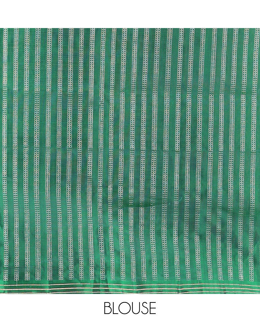 Green muniya buttas soft silk saree, zari striped border, and rudraksham motifs pallu