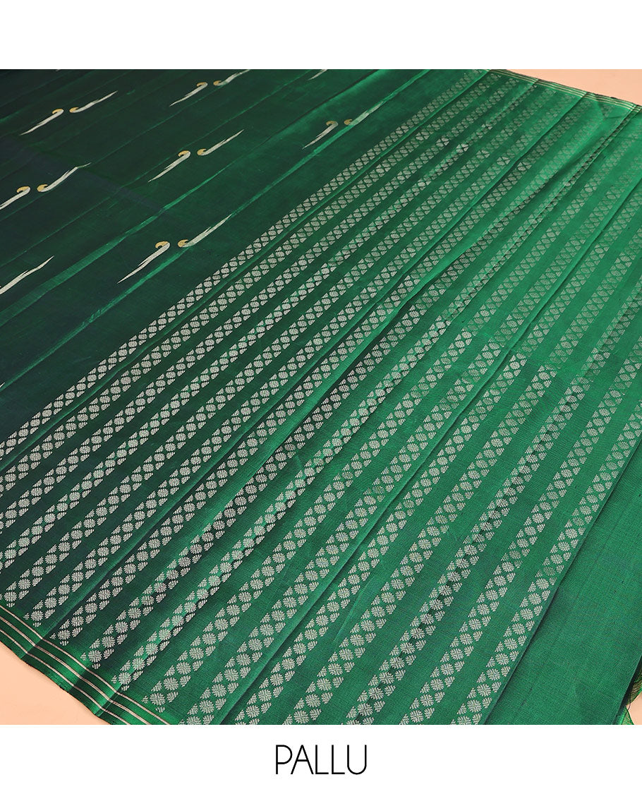 Green muniya buttas soft silk saree, zari striped border, and rudraksham motifs pallu