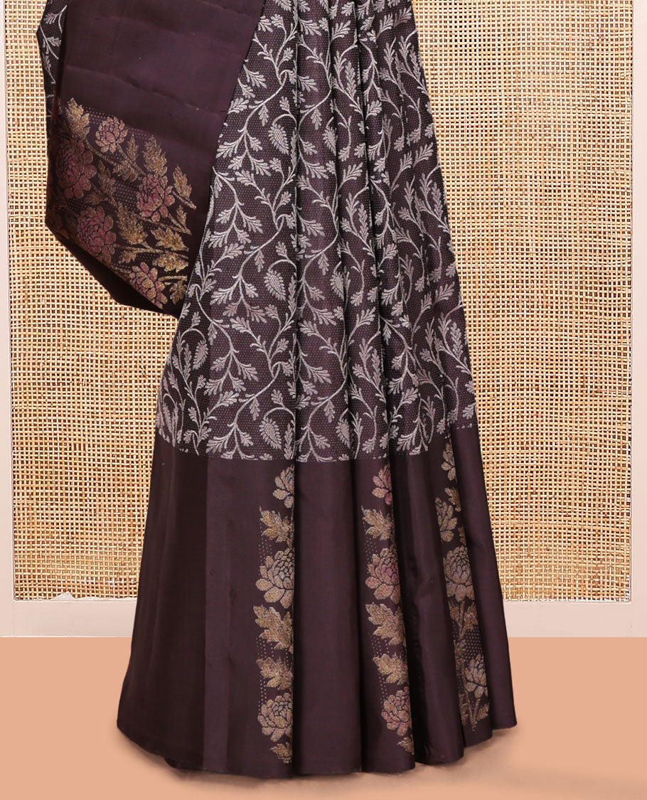 Brown Parampara Silk Saree, Featuring Floral Jaal Jacquard Design, a Zari Border of Floral Designs, Contrast Jaal Pallu, and a Contrast Blouse