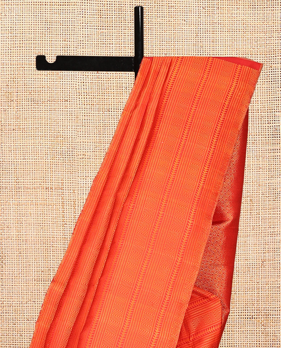 Borderless Orange Geometric Embossed Kanchipuram Silk Saree, a Jaal Pallu, Matching Blouse