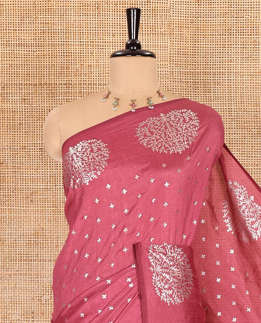 Onion pink plus buttas woven Vichitra silk saree, kalpavriksha tree motifs woven on its border, self-pallu, and no blouse