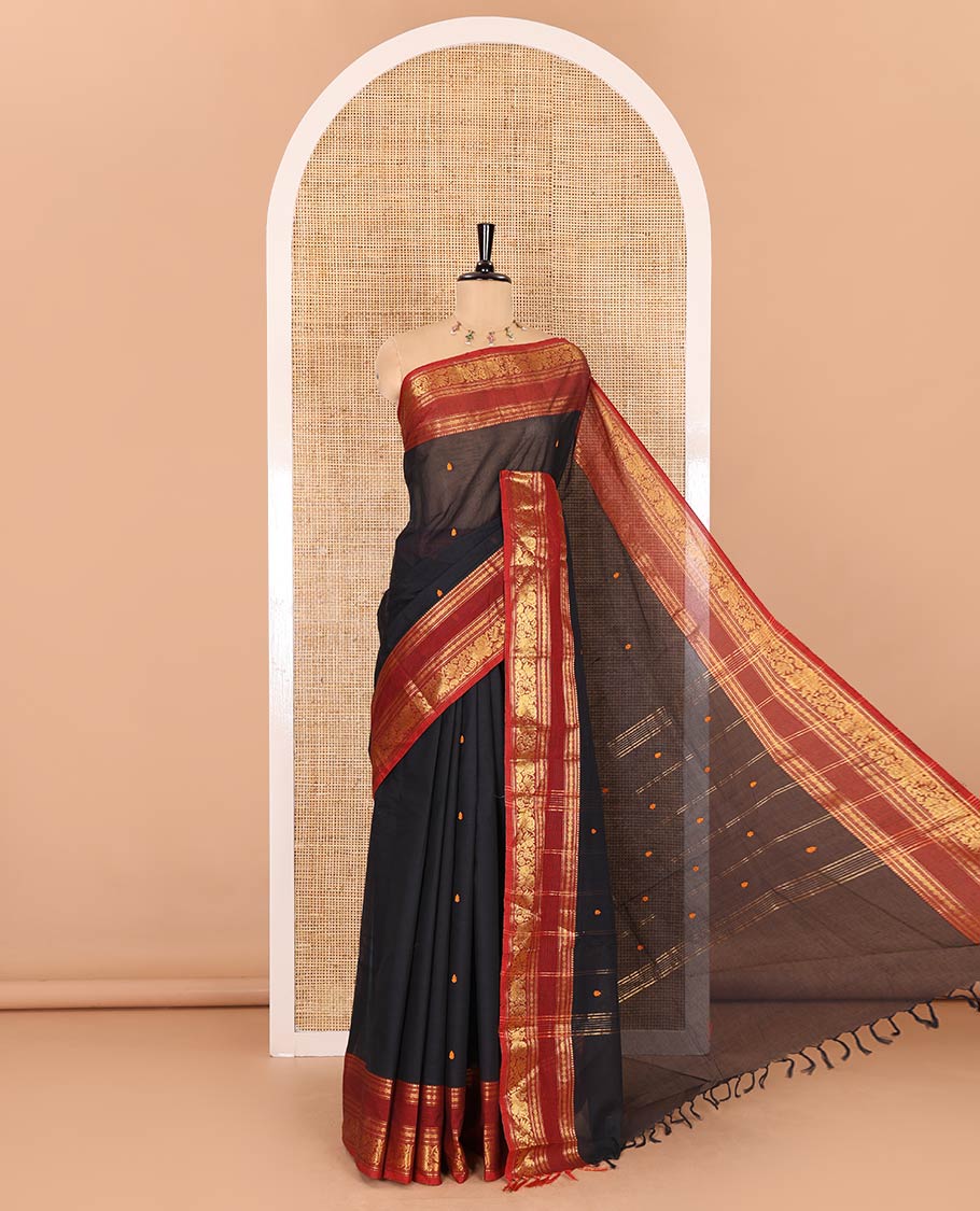 Black thread buttas Chettinad cotton saree, contrast traditional design rettai pettu border, striped pallu, and a matching blouse