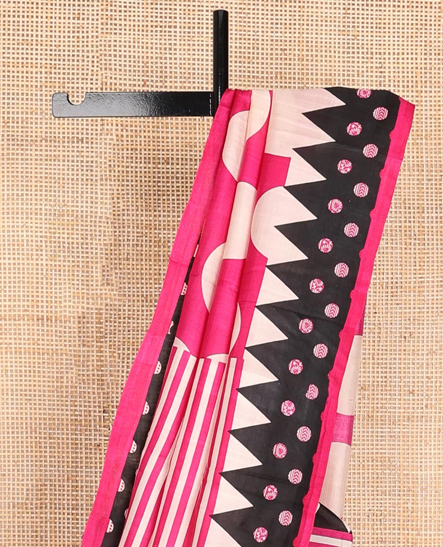 Hot pink big polka dots printed silk saree, contrast printed border & pallu steeped with temple & polka dots
