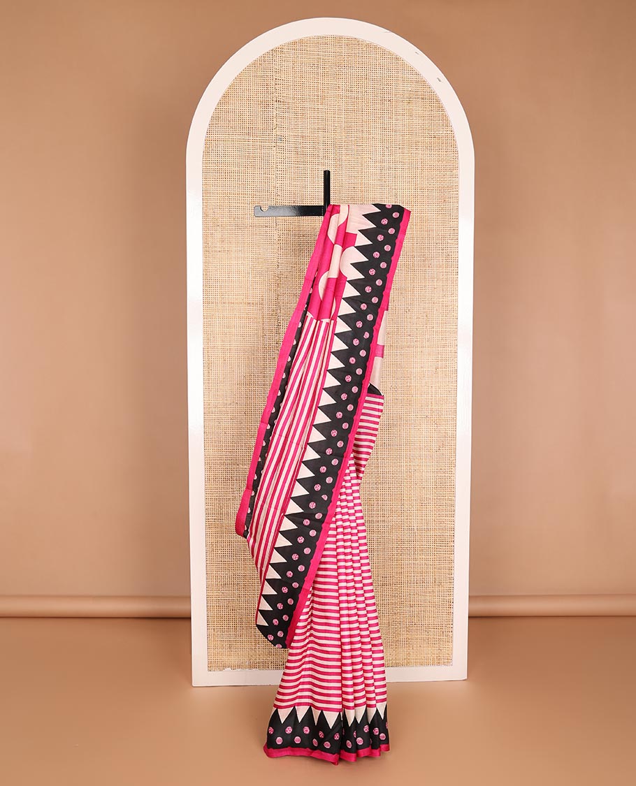 Hot pink big polka dots printed silk saree, contrast printed border & pallu steeped with temple & polka dots