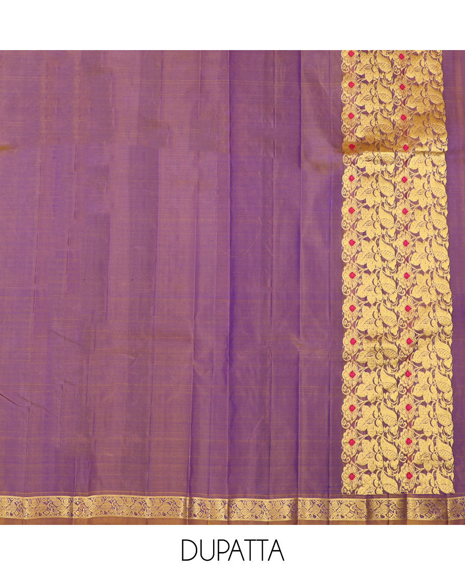 Blue zari buttas pure silk half-saree, contrast border & blouse of thilakam mokku,muthu,mayil kann & dhavana kodi design, intricate zari woven dhavani
