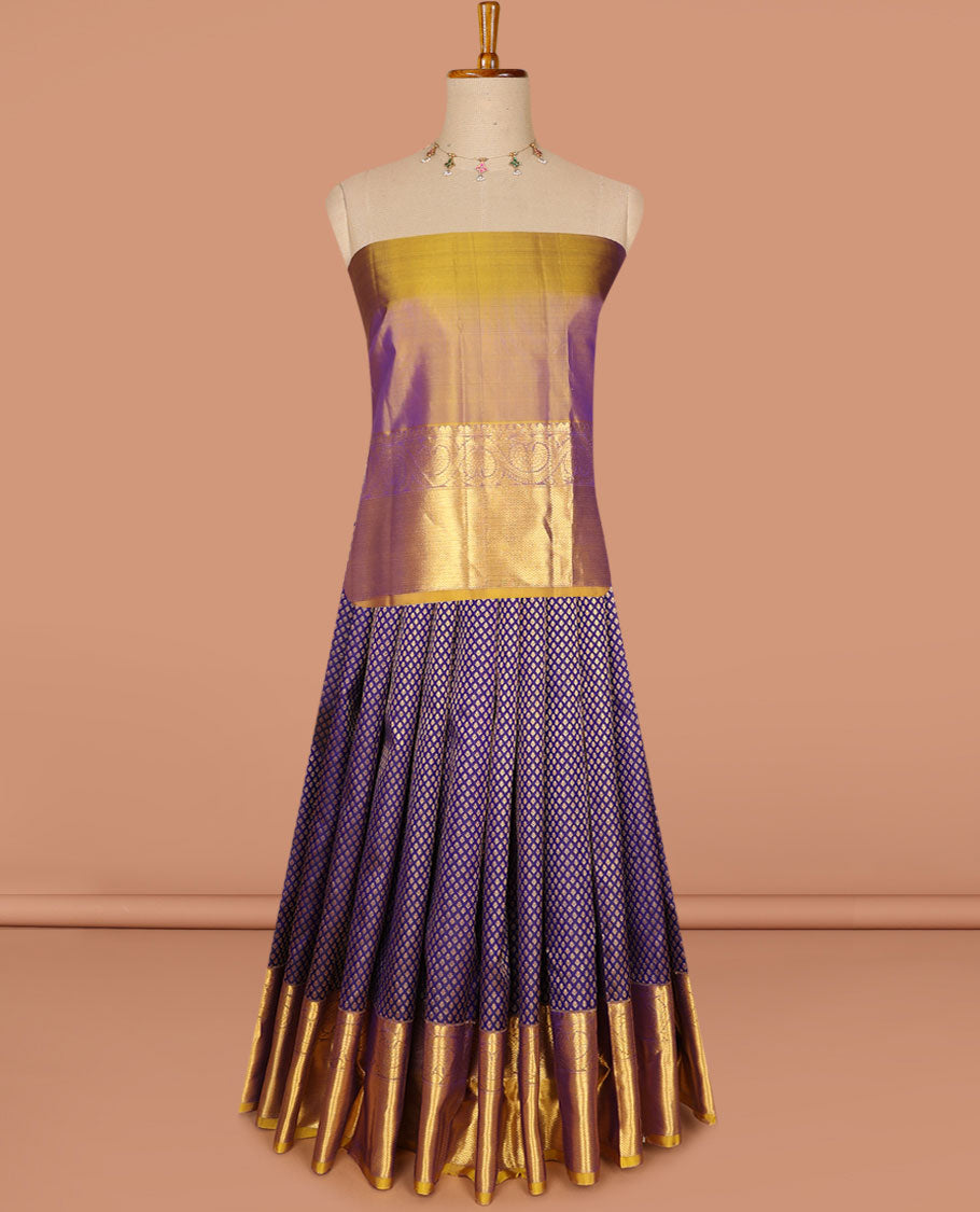 Blue zari buttas pure silk half-saree, contrast border & blouse of thilakam mokku,muthu,mayil kann & dhavana kodi design, intricate zari woven dhavani