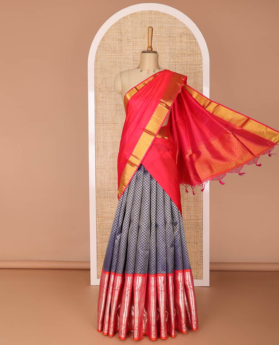 Dark blue leaf design silk half saree with contrast border of rekku, muthu, kathir, kodi visiry, banaras design, zari design blouse & floral design dhavani