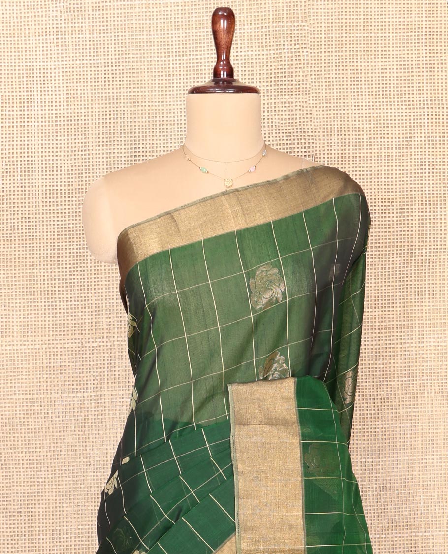 Green Silk Cotton Saree, Bedecked with Butta Enclosed Checks, Complemented by a Contrast Zari Border, Intricately Designed Pallu, and a Contrast Blouse