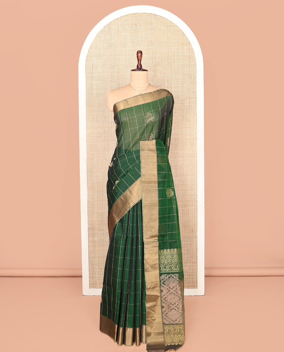 Green Silk Cotton Saree, Bedecked with Butta Enclosed Checks, Complemented by a Contrast Zari Border, Intricately Designed Pallu, and a Contrast Blouse