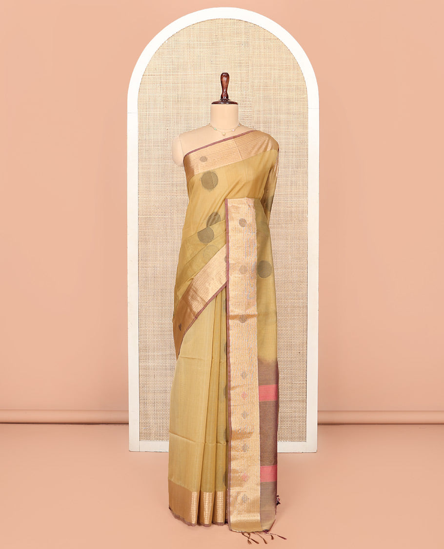 Sandal Silk Cotton Saree, Highlighted by Round Buttas All Over Its Body, Complemented by Contrast Border, Sparsely Woven Pallu, and Paired with a Contrast Blouse