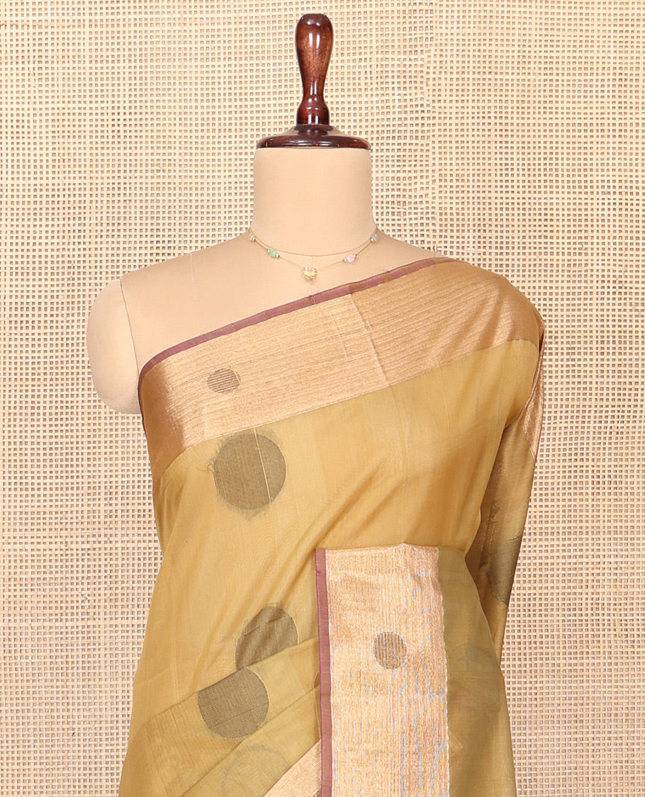 Sandal Silk Cotton Saree, Highlighted by Round Buttas All Over Its Body, Complemented by Contrast Border, Sparsely Woven Pallu, and Paired with a Contrast Blouse