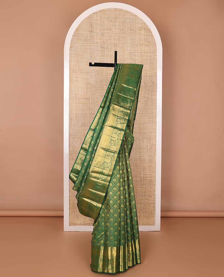 Green floral design silk saree with self border of thilakam mokku, banaras, kathir, kosi visiry design & zari design pallu