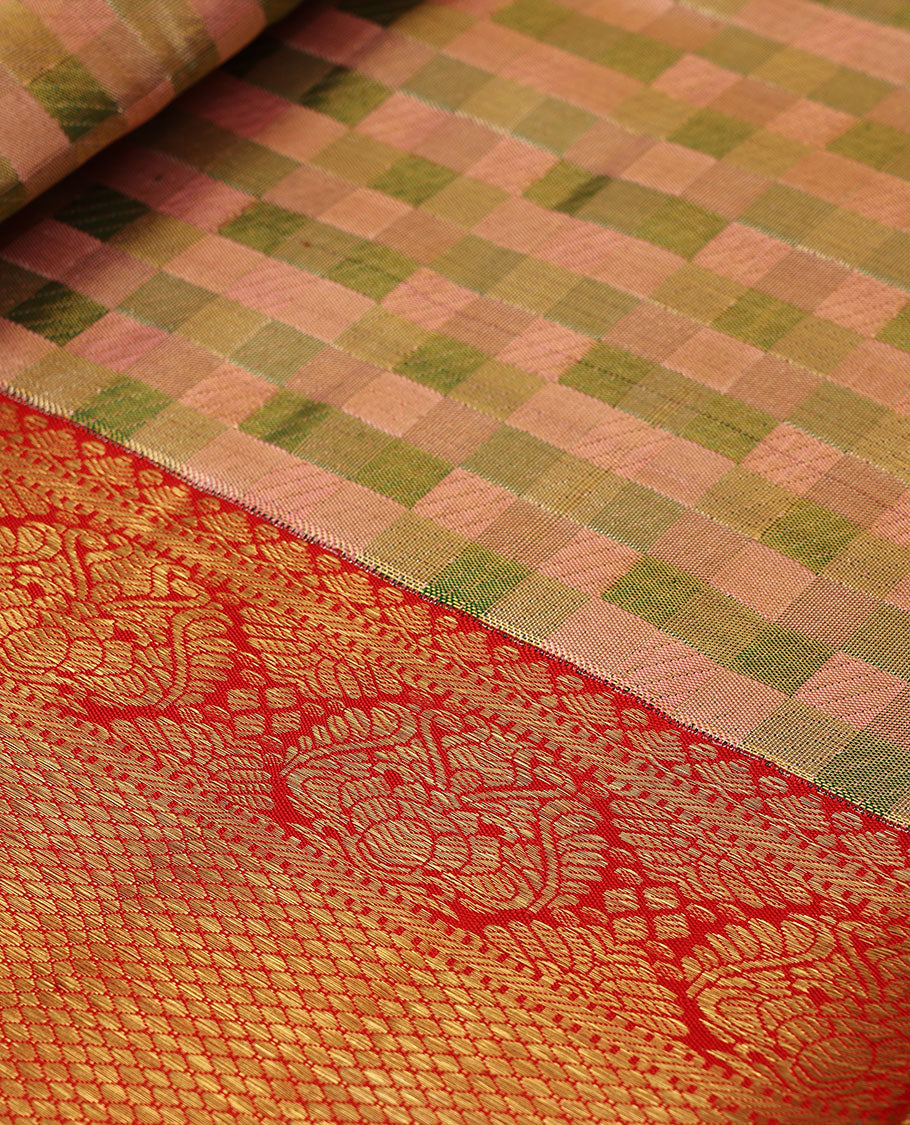 Peach checked silk saree, contrast border of thilakam mokku,muthu,banaras,floral,mayil kann & cross kamalam & jaal pallu