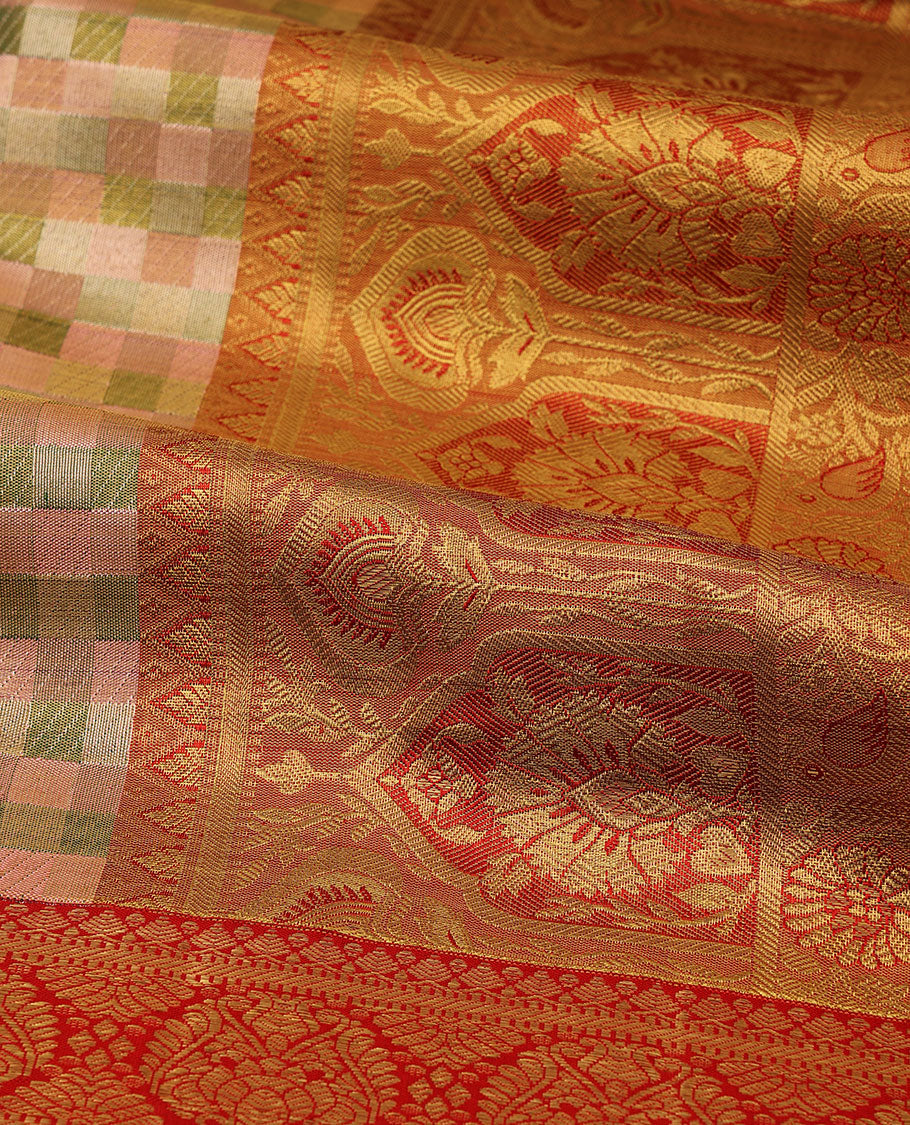 Peach checked silk saree, contrast border of thilakam mokku,muthu,banaras,floral,mayil kann & cross kamalam & jaal pallu