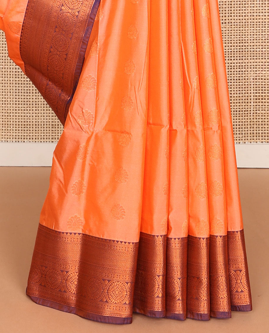 Orange semi-soft silk saree with zari buttas, contrast traditional motifs zari border & pallu of jaal design