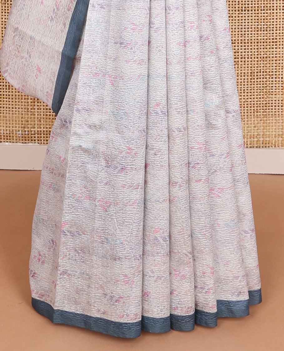Off-white crushed-style floral printed & thread kantha embroidery work tissue silk saree, contrast plain border & floral printed pallu