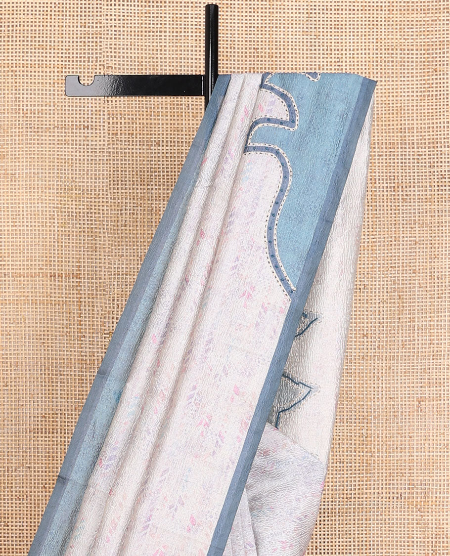 Off-white crushed-style floral printed & thread kantha embroidery work tissue silk saree, contrast plain border & floral printed pallu