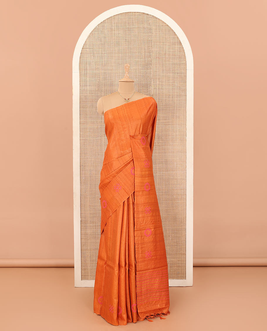Borderless orange resham thread woven geometric motifs tussar silk saree with striped pallu