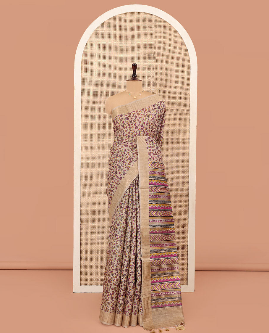 Sandal Tussar Silk Saree Highlighted with Floral Vine Printed All Over Its Body, Subtly Made Border, Pallu Steeped with Geometric Patterns Print, and Paired with a Contrast Blouse