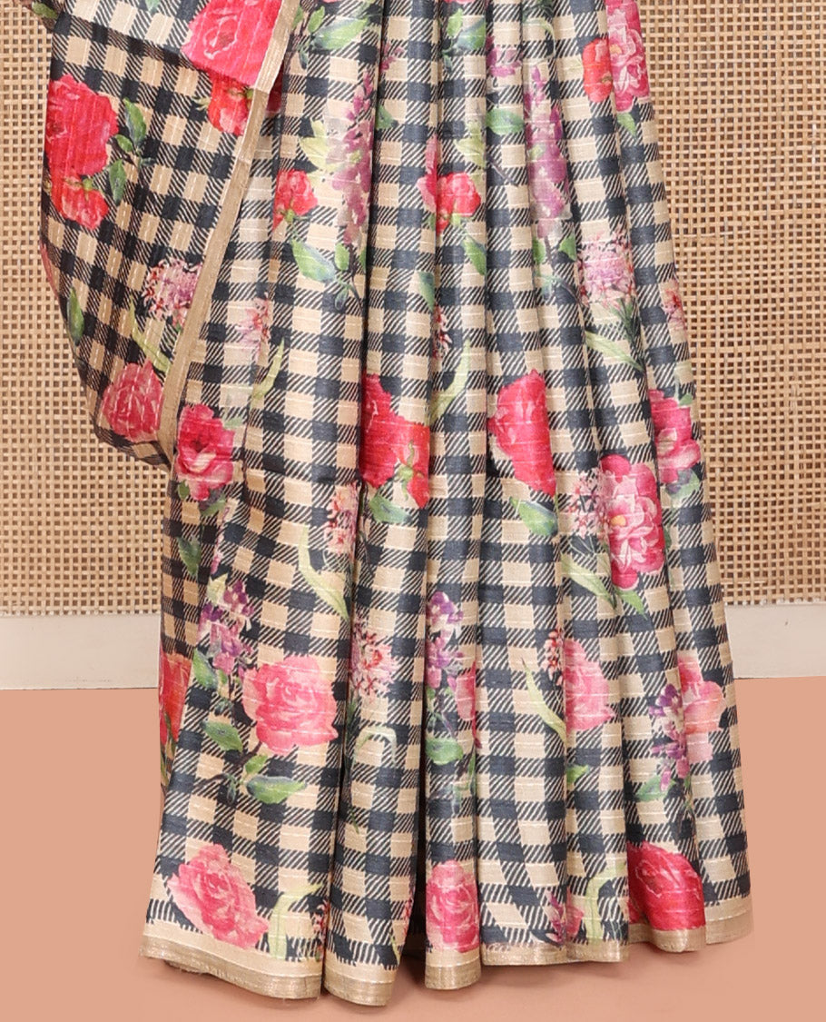 Black and Sandal Tussar Silk Saree, Mesmerized with Burberry-Style Checks and Floral Print on Its Body, a Subtle Border, Subtly Striped Pallu, and Paired with a Matching Blouse