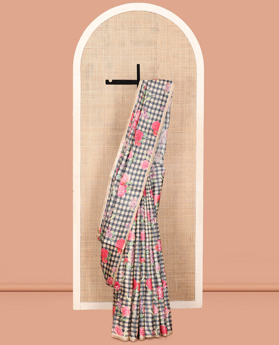 Black and Sandal Tussar Silk Saree, Mesmerized with Burberry-Style Checks and Floral Print on Its Body, a Subtle Border, Subtly Striped Pallu, and Paired with a Matching Blouse