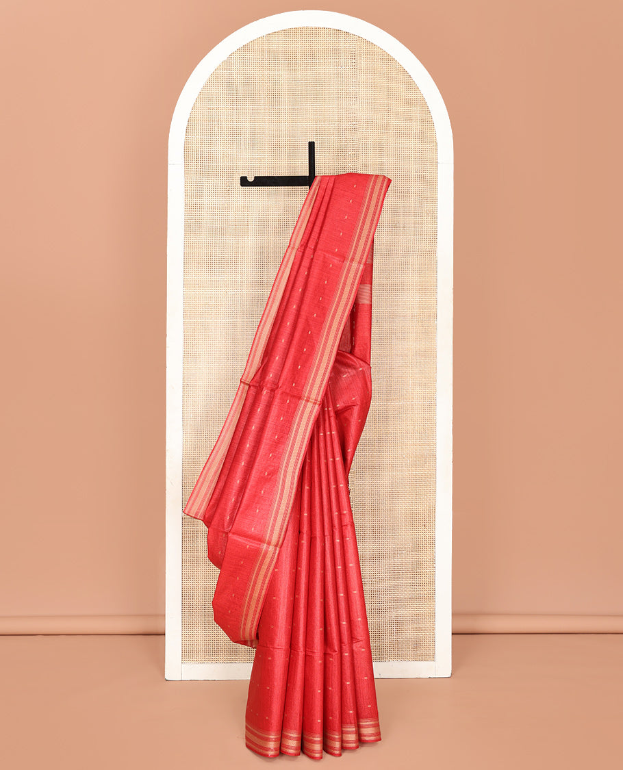 Red Tussar Saree, Steeped with Buttas, a Subtle Traditional Border, Pallu of Stripes and Buttas, and a Matching Blouse