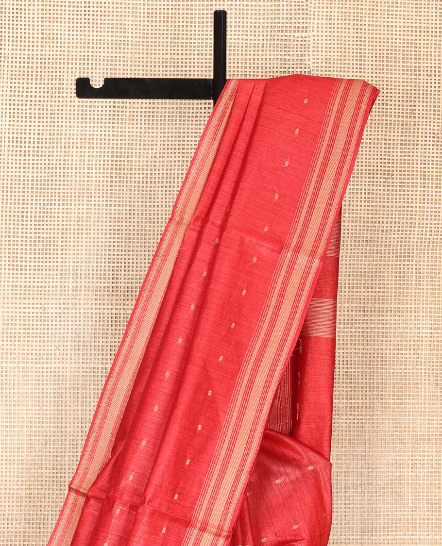 Red Tussar Saree, Steeped with Buttas, a Subtle Traditional Border, Pallu of Stripes and Buttas, and a Matching Blouse
