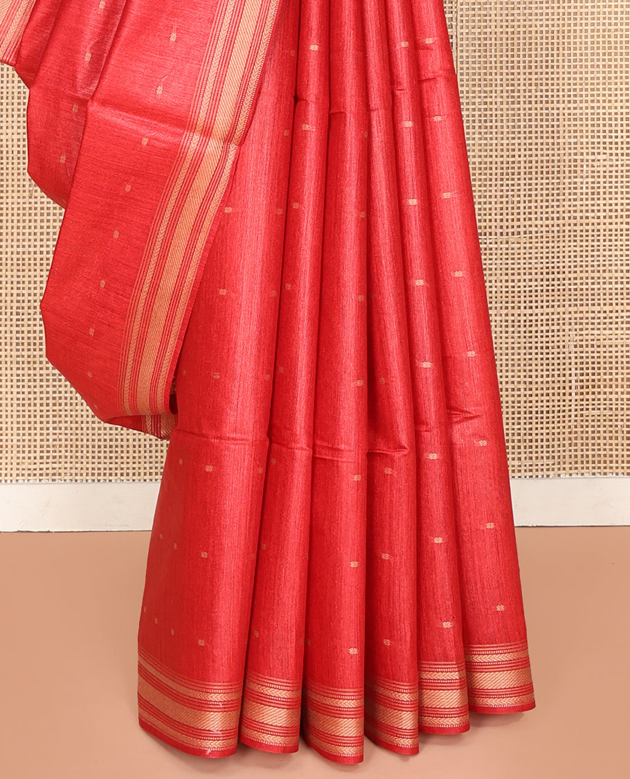 Red Tussar Saree, Steeped with Buttas, a Subtle Traditional Border, Pallu of Stripes and Buttas, and a Matching Blouse