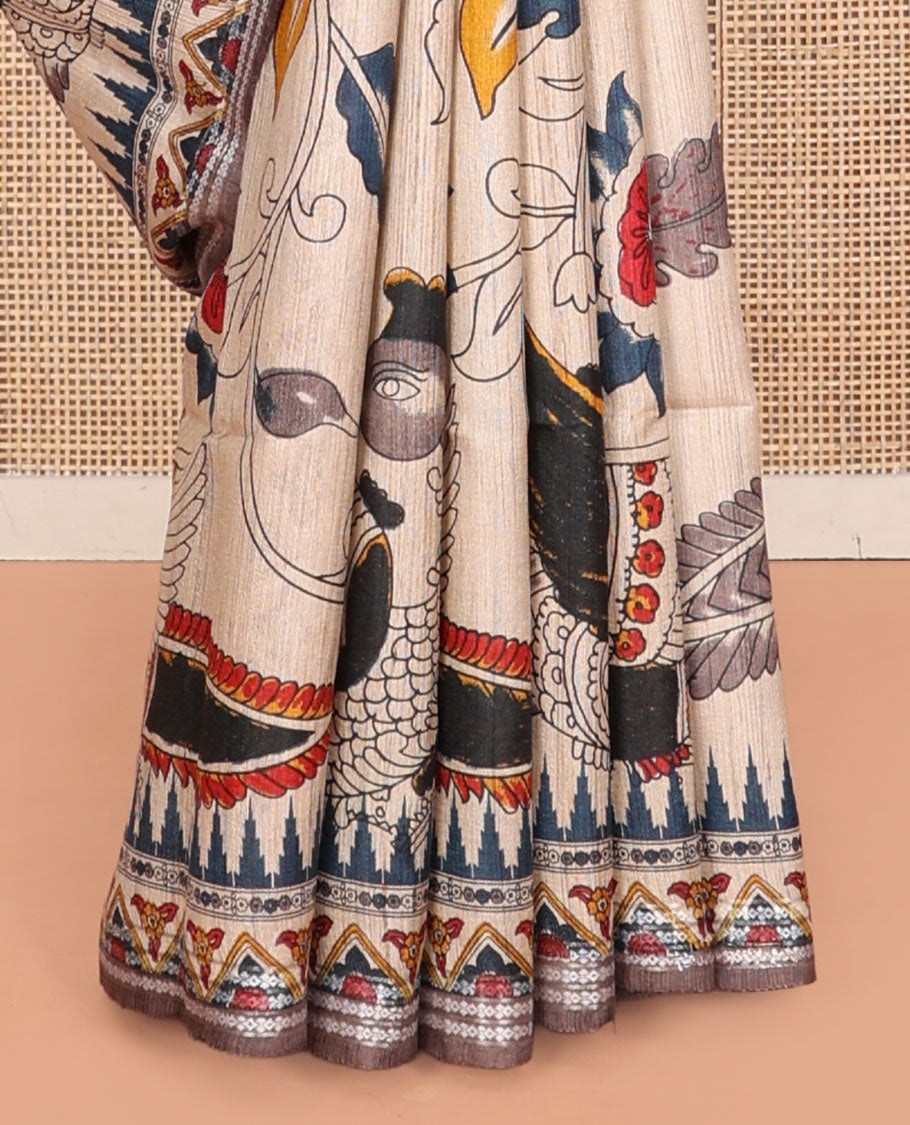 Cream Tussar Silk Saree, Beautifully Bedecked with Floral-Bird Print, Highlighted by Temple-Printed Border, Contrast Pallu, and a Printed Blouse