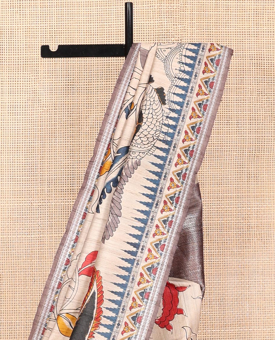 Cream Tussar Silk Saree, Beautifully Bedecked with Floral-Bird Print, Highlighted by Temple-Printed Border, Contrast Pallu, and a Printed Blouse