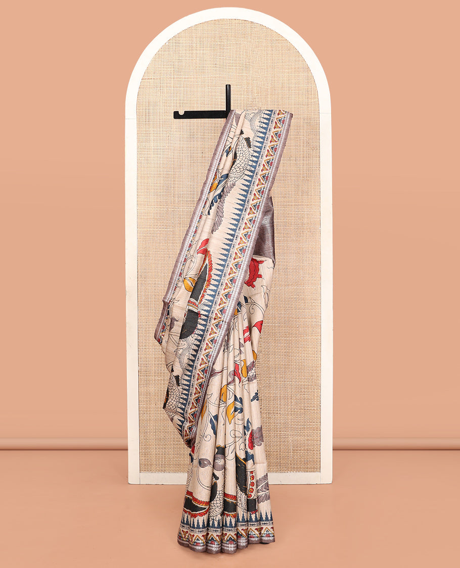 Cream Tussar Silk Saree, Beautifully Bedecked with Floral-Bird Print, Highlighted by Temple-Printed Border, Contrast Pallu, and a Printed Blouse