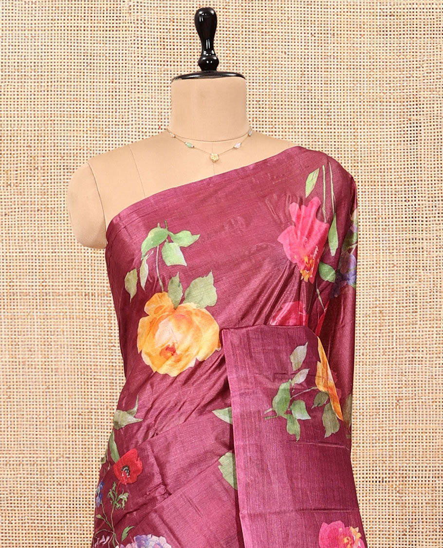 Borderless Wine Fancy Tussar Saree, Artfully Detailed with Floral Print, Floral Printed Pallu, and a Matching Blouse