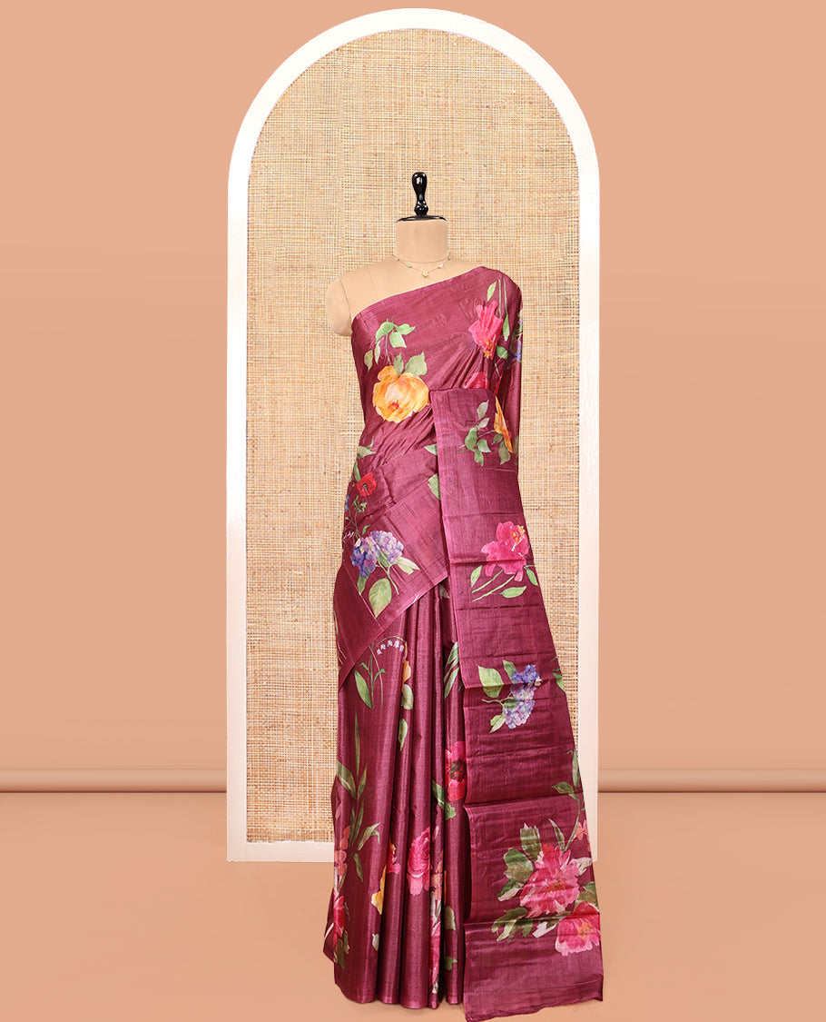 Borderless Wine Fancy Tussar Saree, Artfully Detailed with Floral Print, Floral Printed Pallu, and a Matching Blouse